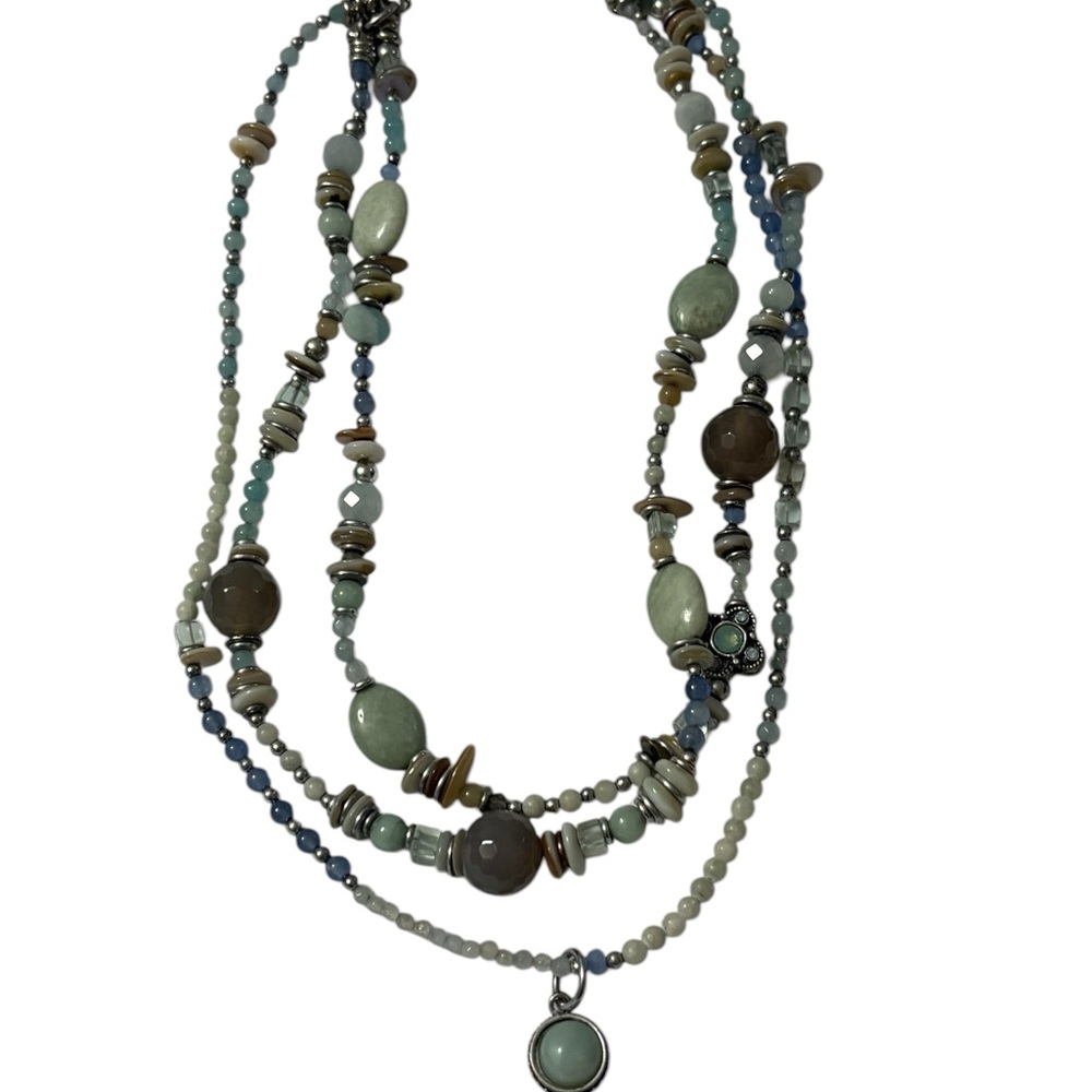 Multi-Strand soft green and Neutral Beaded Necklace